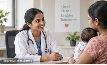 Paediatric specialist consulting attentively with mother and infant at Annai Nursing Home
